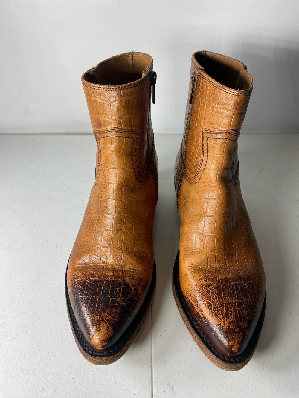 Frye Cognac Croc-Embossed Leather Ankle Boots